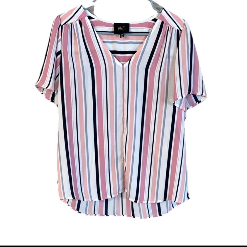 W5 - Anthropologie Semi-Sheer Pink Multicolor Striped Flare Sleeve Blouse Small